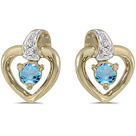 10k Yellow Gold Round Blue Topaz And Diamond Heart Earrings