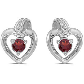 10k White Gold Round Garnet And Diamond Heart Earrings