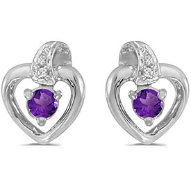 10k White Gold Round Amethyst And Diamond Heart Earrings