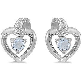 10k White Gold Round Aquamarine And Diamond Heart Earrings