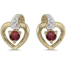 14k Yellow Gold Round Garnet And Diamond Heart Earrings