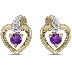 14k Yellow Gold Round Amethyst And Diamond Heart Earrings