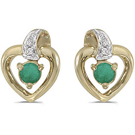 14k Yellow Gold Round Emerald And Diamond Heart Earrings