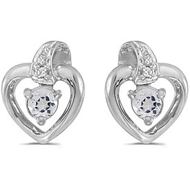 14k White Gold Round White Topaz And Diamond Heart Earrings