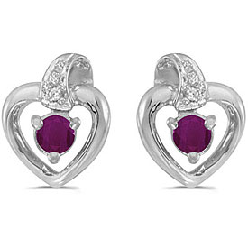 14k White Gold Round Ruby And Diamond Heart Earrings