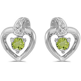14k White Gold Round Peridot And Diamond Heart Earrings