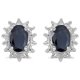 14k White Gold Oval Sapphire And Diamond Earrings