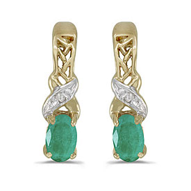 14k Yellow Gold Oval Emerald And Diamond Earrings