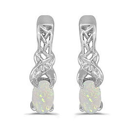 14k White Gold Oval Opal And Diamond Earrings
