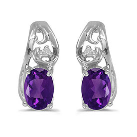 14k White Gold Oval Amethyst And Diamond Earrings