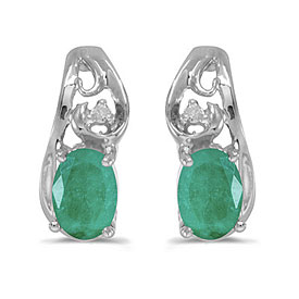 14k White Gold Oval Emerald And Diamond Earrings