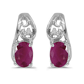 14k White Gold Oval Ruby And Diamond Earrings