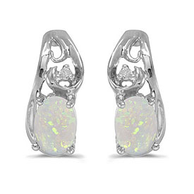 14k White Gold Oval Opal And Diamond Earrings