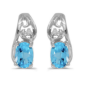 14k White Gold Oval Blue Topaz And Diamond Earrings