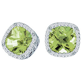 14K White Gold 7mm Cushion Peridot and Diamond Earrings