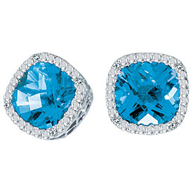 14K White Gold 7mm Cushion Blue Topaz and Diamond Earrings