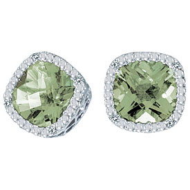 14K White Gold 7mm Cushion Green Amethyst and Diamond Earrings