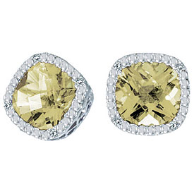 14K White Gold 7mm Cushion Lemon Quartz and Diamond Earrings