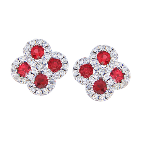 14k White Gold Ruby and .26 ct Diamond Clover Earrings