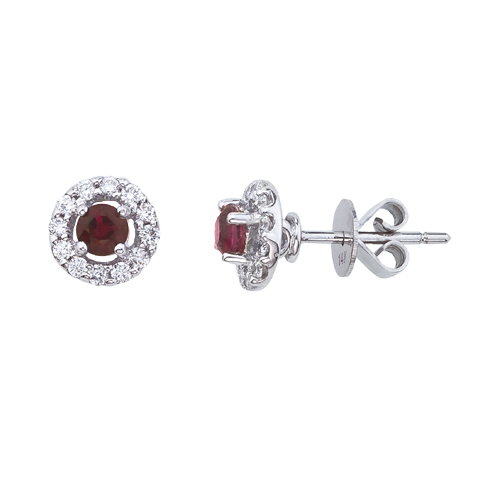 14k White Gold 5mm Round Ruby and Diamond Earrings