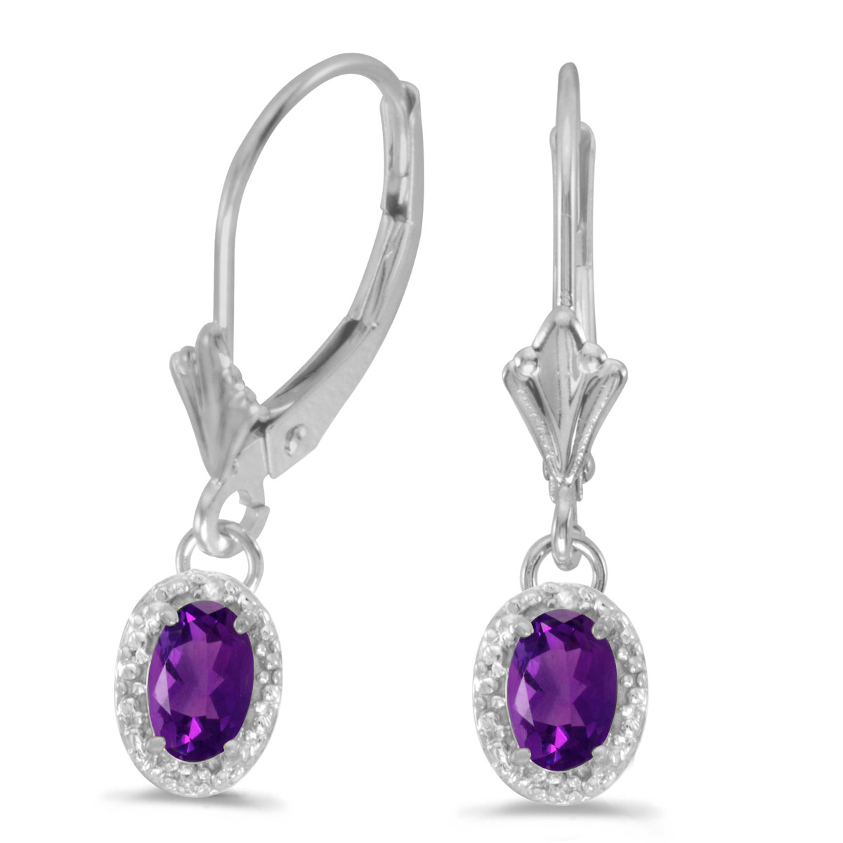 14k White Gold Oval Amethyst And Diamond Leverback Earrings