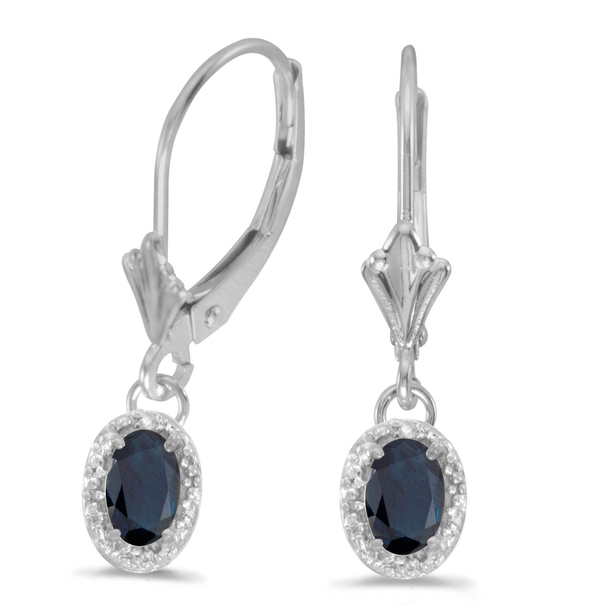 14k White Gold Oval Sapphire And Diamond Leverback Earrings