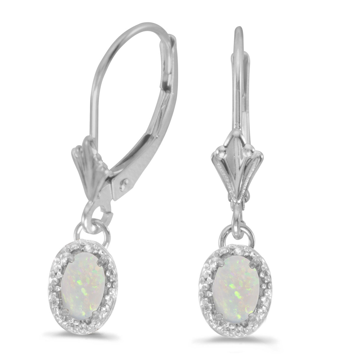14k White Gold Oval Opal And Diamond Leverback Earrings