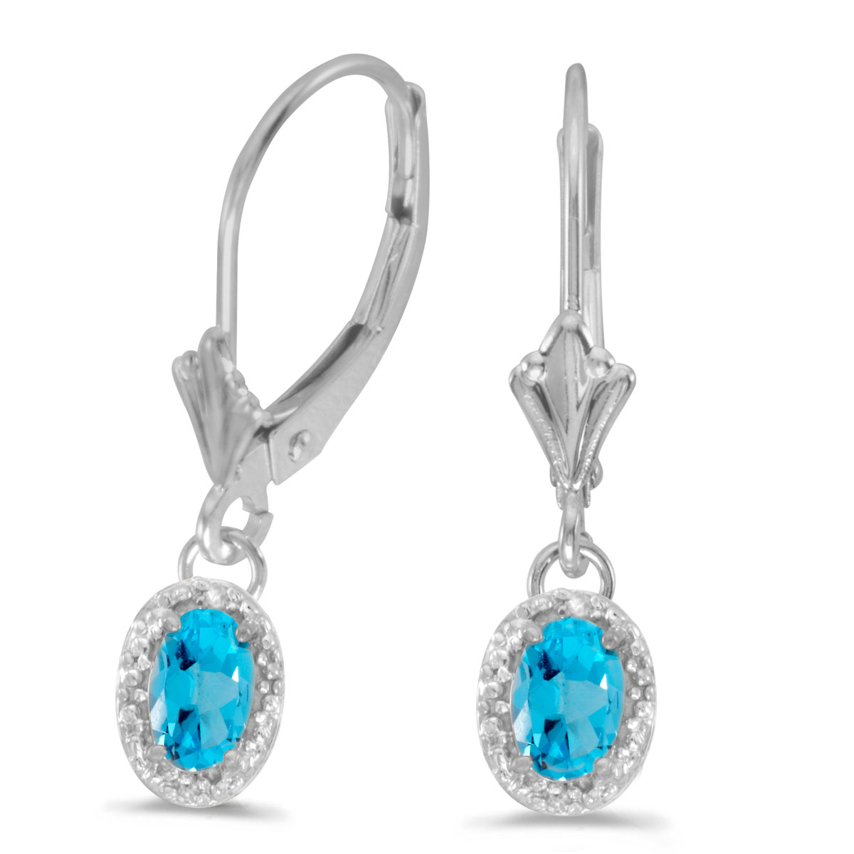 14k White Gold Oval Blue Topaz And Diamond Leverback Earrings