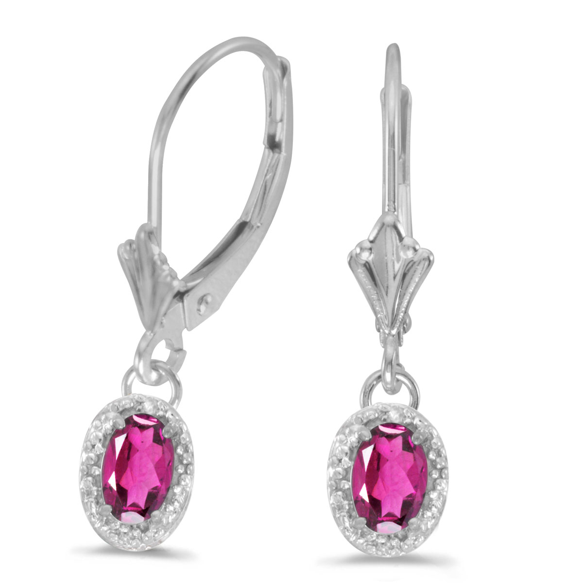 14k White Gold Oval Pink Topaz And Diamond Leverback Earrings