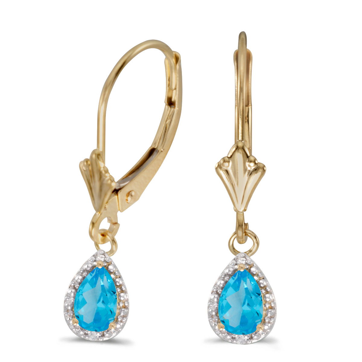 14k Yellow Gold Pear Blue Topaz And Diamond Leverback Earrings