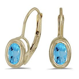14k Yellow Gold Oval Blue Topaz Bezel Lever-back Earrings