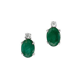 14K White Gold Oval Emerald and Diamond Earrings