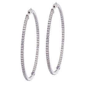 14K White Gold Secure Lock 3 Ct Diamond 55 mm Hoop Earrings