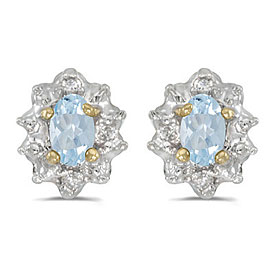 14k Yellow Gold Oval Aquamarine And Diamond Earrings