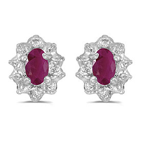14k White Gold Oval Ruby And Diamond Earrings