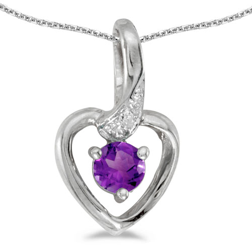14k White Gold Round Amethyst And Diamond Heart Pendant