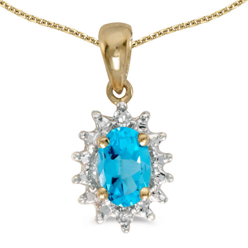 14k Yellow Gold Oval Blue Topaz And Diamond Pendant