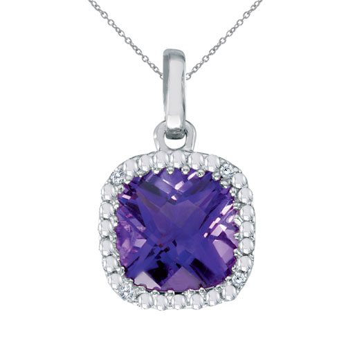 14K White Gold 7mm Cushion Amethyst and Diamond Pendant