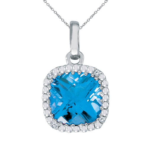 14K White Gold 7mm Cushion Blue Topaz and Diamond Pendant