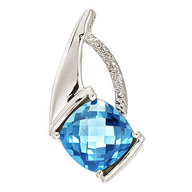14K White Gold Blue Topaz and Diamond Pendant