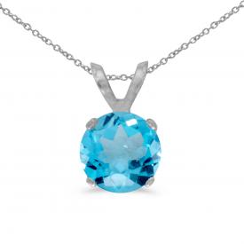 14k White Gold 6mm Round Blue Topaz Stud Pendant (1.00 ct) with Chain