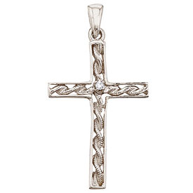 14K White Gold Braided Diamond Cross Pendant