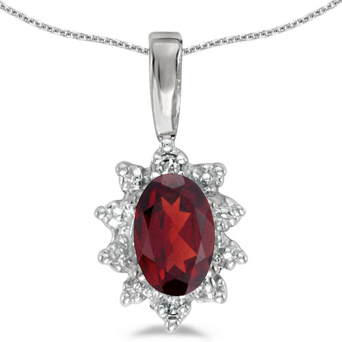 14k White Gold Oval Garnet And Diamond Pendant