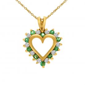 14k Yellow Gold Emerald and Diamond Heart Shaped Pendant