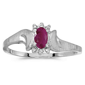 14k White Gold Oval Ruby And Diamond Satin Finish Ring