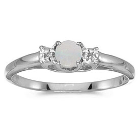 10k White Gold Round Opal And Diamond Ring
