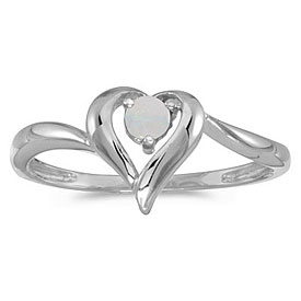 14k White Gold Round Opal Heart Ring