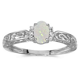 14k White Gold Oval Opal And Diamond Ring