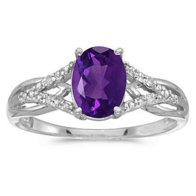 10k White Gold Oval Amethyst And Diamond Ring