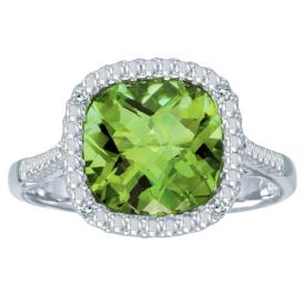 14k White Gold Cushion Cut Peridot And Diamond Ring